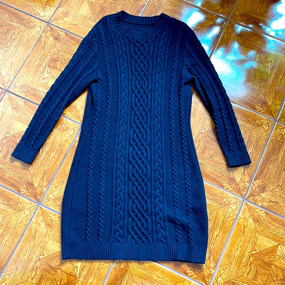 XL Warm Black Braided Sweater Mini Dress